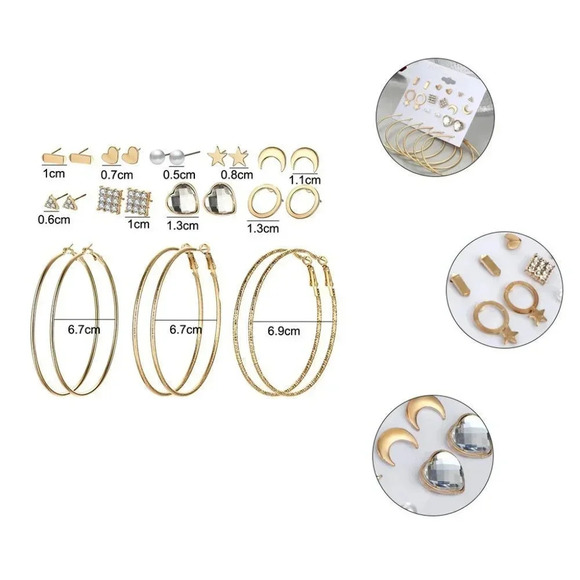 🌸12 Pair 14k Gold Plated Geometric Crystal Stud Earring Set Mix for Women, F271 - Picture 4 of 6